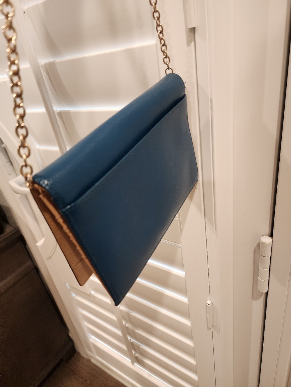 Halogen Blue Saffiano Leather Crossbody Clutch with Gold Chain